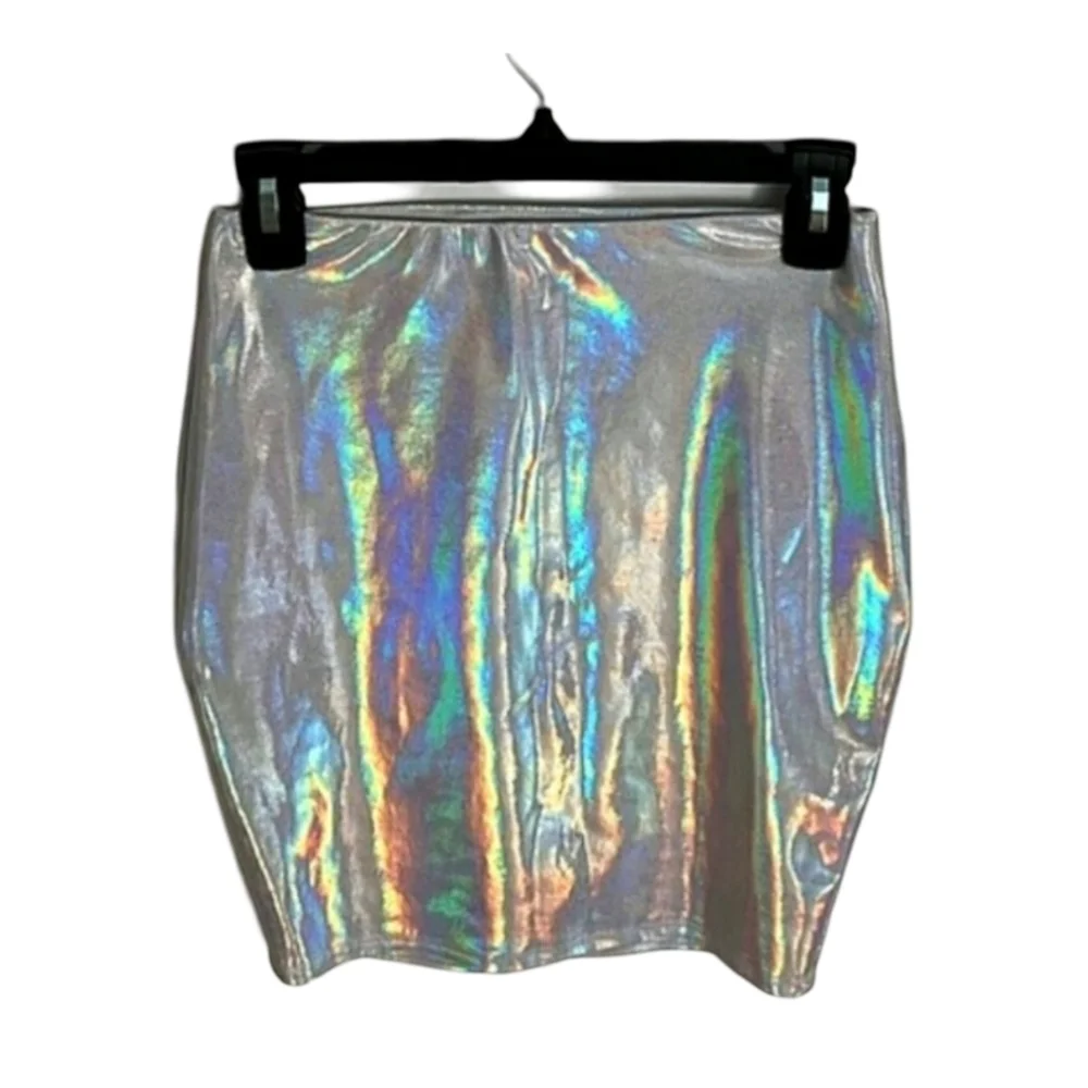 Holographic Mini Bodycon Skirt Size SMALL Stretchy Rainbow Metallic Y2K PARTY - Picture 4 of 6